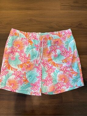 Floral Pink & Teal Men’s Elastic Waist Swim Shorts